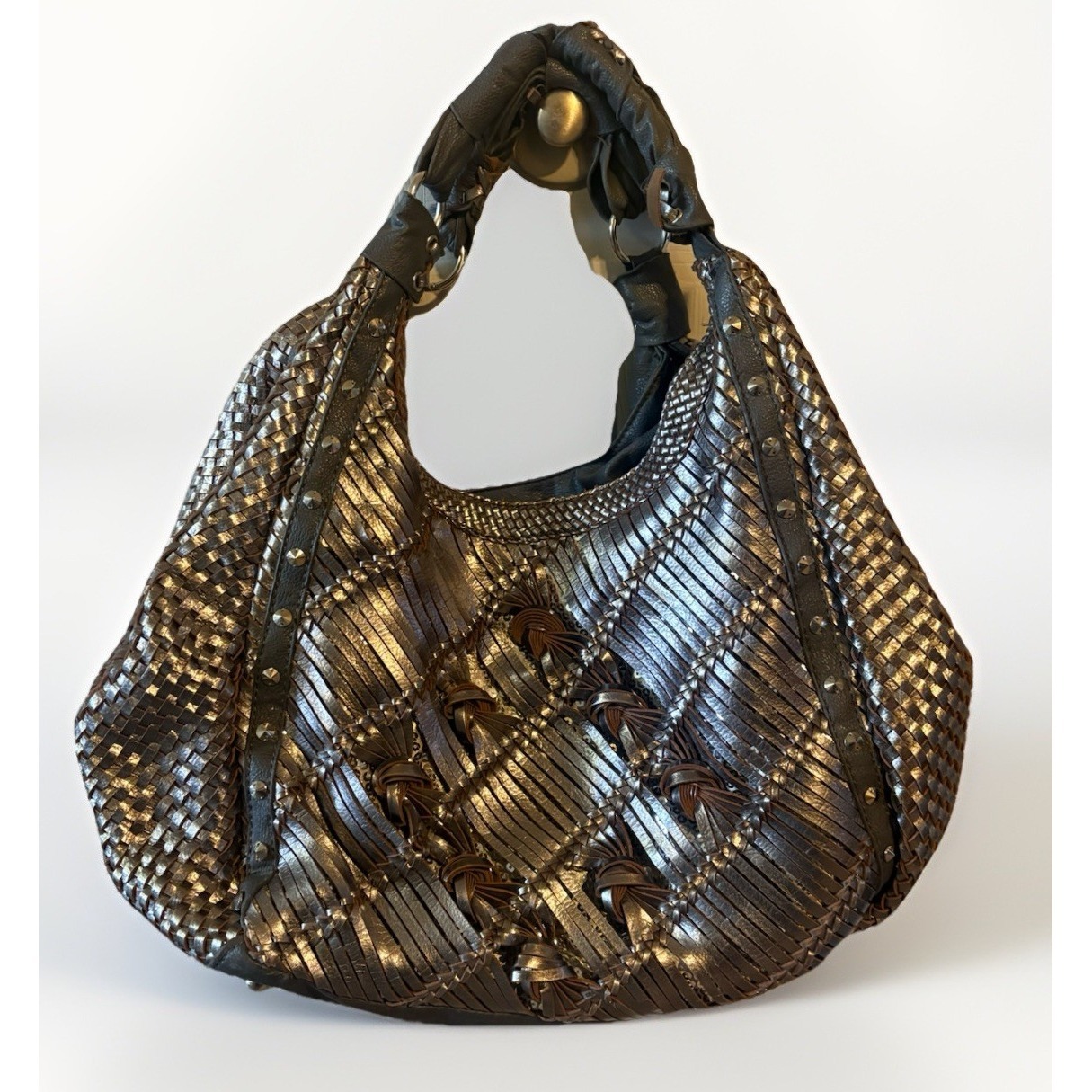 Nicole Lee Metallic Silver Cross Cross Studded Boho Slouch Purse Bag Large Y2k